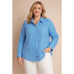 Ruby Rd Woman 22W Blue White Geometric Button Front Shirt Wrinkle Resistant